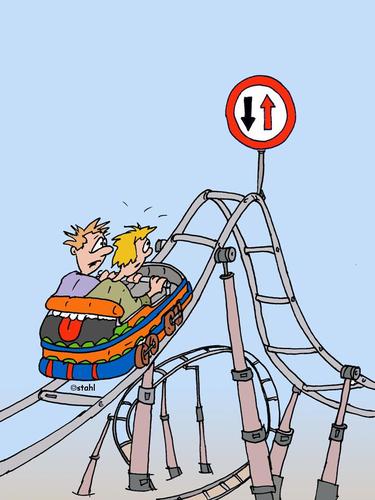 Cartoon: Achterbahn (medium) by wista tagged achterbahn,rollercoaster,gegenverkehr,geisterfahrer,vorsicht,verkehrsschild,verkehrsschilder,vorfahrt,gewähren,kirmes,kirchweih,fest,schützenfest,fahrgeschäft,autoverkehr,gegefahrbahn,einbahn,einbahnstrasse,looping