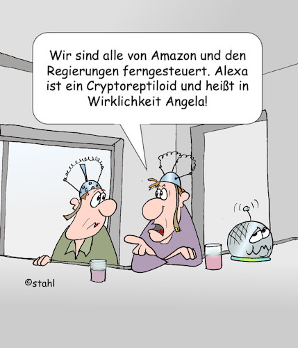 Cartoon: Amazon Alexa (medium) by wista tagged amazon,alexa,verschwörung,theorie,verschwörungstheorie,regierung,dunkle,mächte,staat,überwachung,fernsteuern,ferngesteuert,aluhüte,abschirmen,strahlen,angela,merkel,reptilien,reptiloide,crypto,netzwerk,corona,leugner,qanon,hetze,komplott