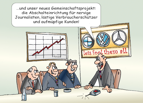 Cartoon: Autokartell (medium) by wista tagged autokartell,vw,volkswagen,mercedes,bmw,porsche,absprachen,diesel,abgasreinigung,umwelt,umweltverschmutzung,betrug,konzerne,grosskonzerne,abschalteinrichtung,bosch,katalysator,betrieb,software,betrugssoftware,kraftfahrtbundesamt,zulassung