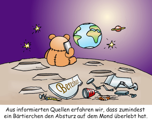 Cartoon: Bärtierchen auf dem Mond (medium) by wista tagged mond,mondlandung,landung,israel,sonde,raumsonde,abgestürzt,absturz,bär,bärtierchen,ladung,leben,überleben,presse