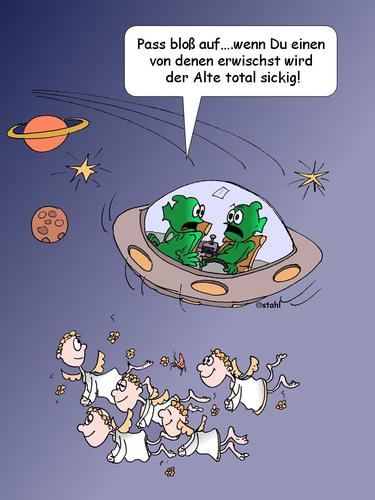 Cartoon: Begegnung der dritten Art (medium) by wista tagged fliegen,flügel,engelchen,untertasse,fliegende,männchen,grüne,universum,weltall,verkehr,unfall,zusammenstoß,gott,engel,ufo,alien