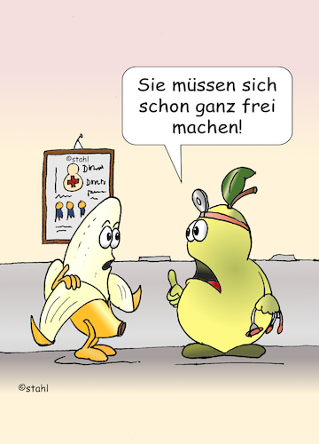 Cartoon: Beim Arzt (medium) by wista tagged arzt,praxis,untersuchung,freimachen,ausziehen,kleider,hemd,hose,ärzte,klinik,krankenhaus,diagnose,anamnese,patient,patientin,frage,antwort,medizin,mediziner,krank,gesund,krankheit,banane,birne,obst,gemüse