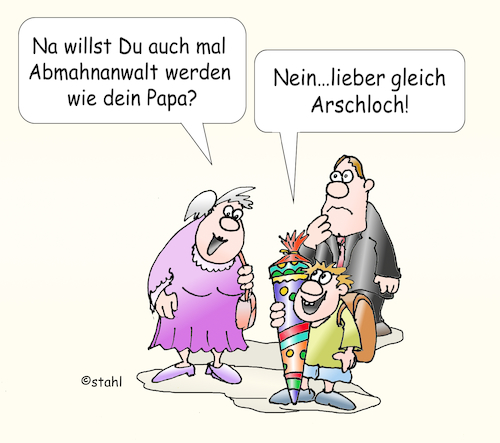 Cartoon: Berufswunsch (medium) by wista tagged beruf,berufswunsch,anwalt,rechtsanwalt,abmahnung,abmahnen,abmahnanwalt,abmahnrecht,abmahngesetz,einspruch,recht,richter,verteidiger,rechtssprechung,gericht,gerichte,vater,sohn,schule,einschulung,apfel,fällt,weit,stamm,schultüte,arbeit,karriere,akademiker,uni,universität,examen,staatsexamen