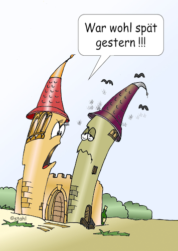 Cartoon: Betrunken (medium) by wista tagged betrunken,nach,hause,frau,mann,turm,türme,schnaps,bier,alkohohl,streit,früh,spät,ehe,ehefrau,schimpf,schimpfen,nudelholz,scheiden,scheidung,wein,ethanol,beschwipst,blau,voll,volltrunken,besoffen,besoffener,betrunkener,burg,schloss,kirche,tor,torwächter