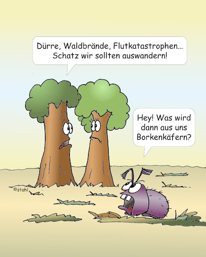 Cartoon: Borkenkäfer (medium) by wista tagged borkenkäfer,waldsterben,baum,bäume,rinde,schaden,schäden,sommer,winter,dürre,trockenheit,baumsterben,klima,klimawandel,hitze,flut,flutkatastrophe,regen,starkregen,wasser,fluss,flüsse,bach,bäche,co2,kohlendioxid,treibhauseffekt,treibhausgase,brand,brande,feuer,waldbrand,waldbrände,temperatur,löschen,schädling,schädlinge,käfer