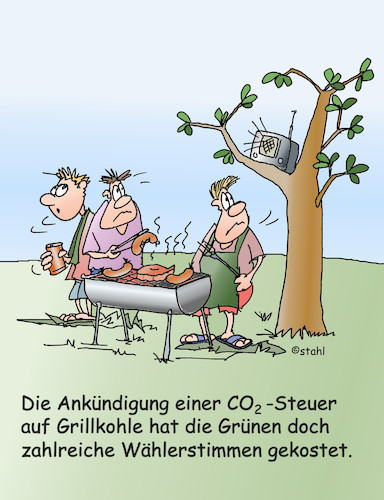 Cartoon: CO2-Abgabe (medium) by wista tagged co2,kohlendioxid,verbrennung,heizen,verbrenner,auto,industrie,benzin,diesel,fossile,brennstoffe,öl,gas,holz,holzkohle,grillen,grill,grillsaison,grillgut,wurst,würstchen,umwelt,abgäbe,klima,erwärmung,treibhausgase,grün,grüne,partei,umweltschutz,grünen,cdu,linke,fdp,steak,rezept,kohle