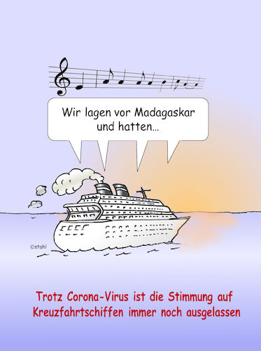 Cartoon: Corona-Kreuzfahrt (medium) by wista tagged virus,corona,kreuzfahrt,infektion,urlaub,china,italien,korea,schiff,quarantäne,seereise,reise,hafen,yokohama,lied,musik,stimmung,unterhaltung,bord,kabine,kabinen