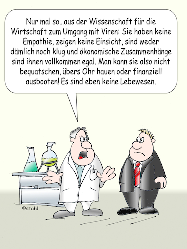 Cartoon: Corona-Wissenschaft (medium) by wista tagged corona,virus,wissenschaft,wirtschaft,politik,infektion,shut,down,ökonomie,pandemie,zusammenbruch,verlust,verluste,geld,aktien,banken,geschäft,firmen,pleiten