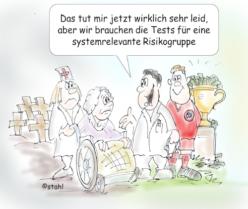 Cartoon: Corona Fussball (medium) by wista tagged corona,virus,fussball,bundesliga,test,risiko,risikogruppen,spiele,geisterspiele,shut,down,lockerungen,söder,laschet,geld,profit,profis,sport,epidemie,pandemie