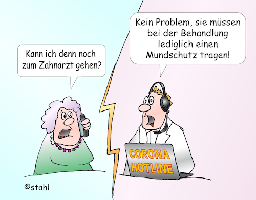 Cartoon: Corona Hotline 2 (medium) by wista tagged corona,virus,hotline,fragen,quarantäne,zahnarzt,mundschutz,krank,gesund,arzt,infektion,übertragung,praxis,arztpraxis