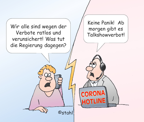 Cartoon: Corona Hotline 3 (medium) by wista tagged corona,virus,hotline,infektion,shut,down,verbot,verbote,kontaktverbot,talk,show,talkshow,pandemie