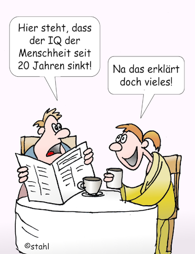 Cartoon: Die Menschheit wird dümmer (medium) by wista tagged iq,intelligenzquotient,intelligenz,quotient,dumm,dümmer,mensch,menschen,menschheit,test,intelligenztest,umwelt,medien,internet,online,lesen,schreiben,klug,doof,schule,umweltgift,hormone,gifte,toxine,weichmacher,ddt,arbeit,leben,stress,wissenschaft,norwegen