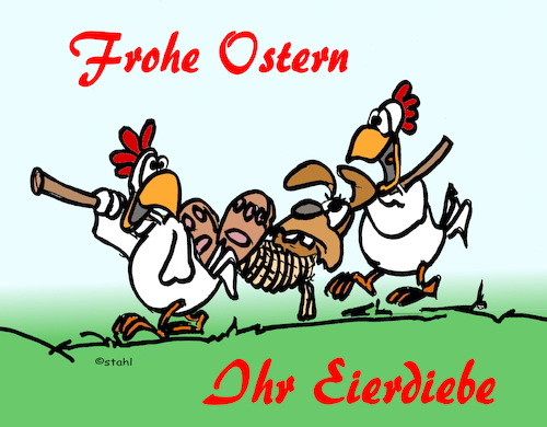 Cartoon: Eierdiebe-1 (medium) by wista tagged frohe,ostern,ostereier,eierdiebe,hase,osterhase,diebe,huhn,hühner,farbe,färben,ei,eier,nest,geschenk,schenken,karte,osterkarte,glück,glückwunsch,happy,easter,suche,suchen,versteck,verstecken