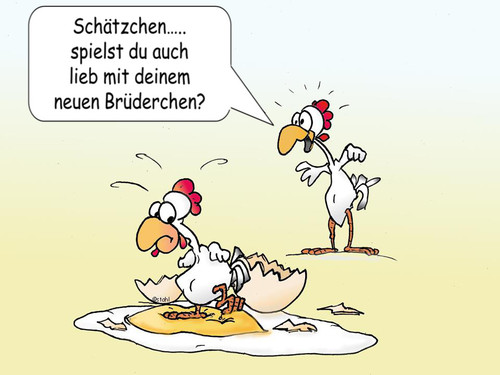 Cartoon: ein neues Brüderchen (medium) by wista tagged huhn,ei,hühner,familie,küken,brüderchen,bruder,schwesterchen,schwester,neu,geburt,spielen,kinder,mutter,vater,sorge