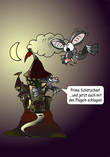 Cartoon: Flugversuche (medium) by wista tagged flug,flugversuch,lernen,fliegen,fledermaus,start,landung,schloss,nacht,mond,ohren,flügel,turm,flügge