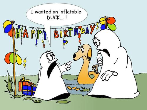 Cartoon: Ginger und Kalaschnikow 38 (medium) by wista tagged duck,inflatable,present,birthday,happy,kalaschnikow,ginger,dog,wrong