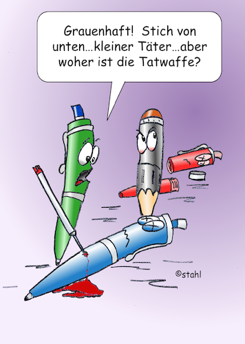 Cartoon: Killerstift (medium) by wista tagged verbrechen,mord,mörder,verbrecher,gangster,stich,stechen,messer,mine,bleistift,kugelschreiber,rot,drün,blau,poilizei,kriminal,kriminelle,krimineller,kriminalpolizeit,mordkommission,tat,täter,schwerverbrechen,tot,tötung,affekt,versuch,versuchter,aufklärung,beweis,beweise,krimi