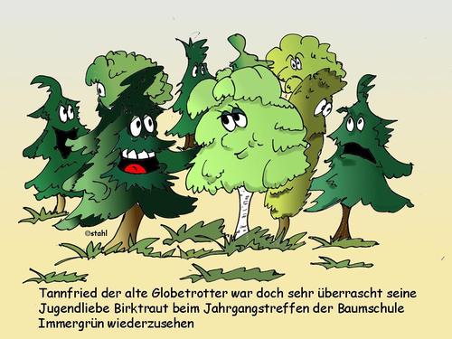 Cartoon: Klassentreffen (medium) by wista tagged klassentreffen,baumschule,schule,jahrgang,jahrgangstreffen,globetrotter,wiedersehen,baum,bäume,tanne,birke,alte,liebe,rostet,nicht,verflossene,jugendliebe,freundschaft