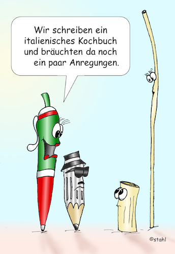 Cartoon: Kochbuch (medium) by wista tagged italien,itlienisches,kochbuch,pasta,spaghetti,penne,rigatoni,nudeln,bolognese,carbonara,arrabiata,mafia,kochen,küche,braten,backen,teig,nudelteig,essen,trinken,wein,rotwein,autor,schreiben,rezept,rezepte,kochrezepte,anregung,anregungen,leicht,lecker,einfach,mafiosi,kugelschreiber