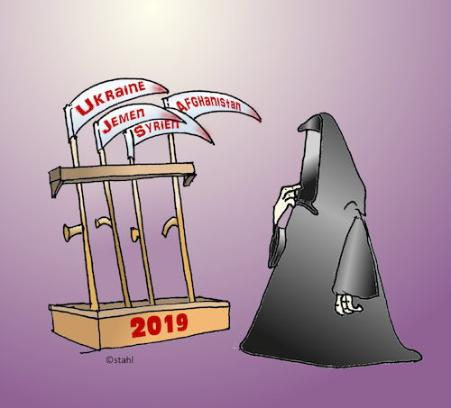 Cartoon: Kriege 2019 (medium) by wista tagged krieg,konflikt,kriege,konflikte,tod,menschen,sterben,syrien,jemen,afghanistan,ukraine,politik,politiker,religion,staat,macht,waffen,zerstörung,flucht,flüchtling,flüchtlinge,meer,mittelmeer,gewalt,militär,waffenlieferungen,stellvertreterkrieg,bomben,welt,warlord,dschihad,miliz,milizen,soldat,soldaten