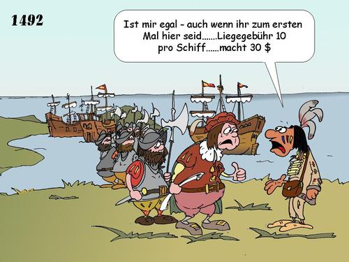 Cartoon: Kurz-Geschichte Kolumbus (medium) by wista tagged kolumbus,columbus,1492,amerika,entdeckung,parkgebühr,schiff,schiffe,liegegebühr,santa,maria,pinta,nina,neue,welt,segeln,reise,eroberer,karavelle,hafen,bucht,landung,parkwächster,geschichte,historie,entdeckungsreisen