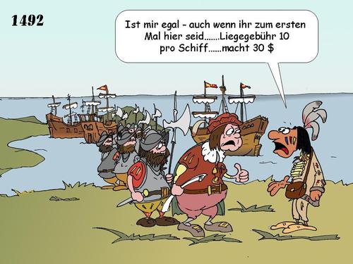 Cartoon: Kurz-Geschichte Kolumbus (medium) by wista tagged kolumbus,columbus,1492,amerika,entdeckung,parkgebühr,schiff,schiffe,liegegebühr,santa,maria,pinta,nina,neue,welt,segeln,reise,eroberer,karavelle,hafen,bucht,landung,parkwächster,geschichte,historie,entdeckungsreisen