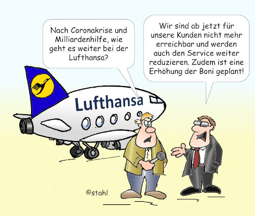 Cartoon: Lufthansa Service (medium) by wista tagged lufthansa,service,hotline,erreichbarkeit,passagiere,kunden,kundenservice,online,telefonisch,nicht,erreichbar,unfreundlich,airline,buchen,buchung,beschwerde,beschwerden,erstattung,rettung,milliarden,subvention,corona,management,vorstand,unfähigkeit,umbuchen,umbuchung,urlaub,reise,flug,flüge