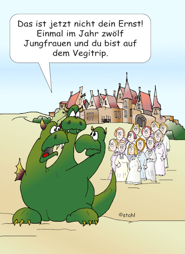 Cartoon: Märchendrache (medium) by wista tagged drache,drachen,märchen,jungfrau,jungfrauen,opfer,prinz,vegetarier,veggi,veganer,vegan,vegetarisch,fleisch,essen,trinken,rezepte,stadt,könig