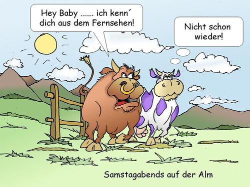 Cartoon: Milka Kuh (medium) by wista tagged schokoriegel,schoko,futter,alm,anmachen,sprüche,spruch,schokolade,lila,anmache,kühe,kuh,milka