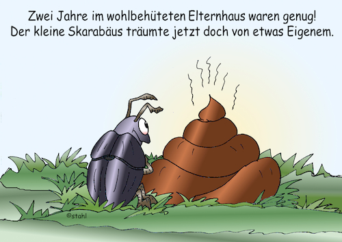 Cartoon: Mistkäfer (medium) by wista tagged mistkäfer,skarabäus,zuhause,wohnen,ausziehen,eltern,kinder,misthaufen,scheiße,scheißhaufen,beziehung,nesthocker,nestflüchter,unter,einem,dach,eigene,wohnung,essen,trinken,ernährung,insekten,food,pillendreher