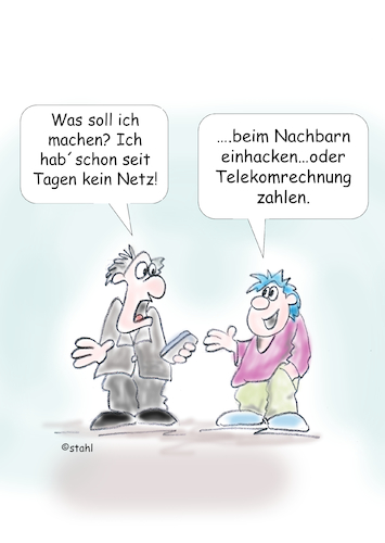 Cartoon: Netzempfang (medium) by wista tagged laptop,internet,empfang,telekom,rechnung,breitband,wifi,wlan,handy,computer,iphone,ipad,netzausbau,netzsicherheit,ausbau,beschwerde,geschwindigkeit,nachbar,freund,freunde