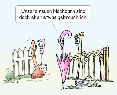 Cartoon: neue Nachbarn (medium) by wista tagged nachbar,nachbarn,nachbarschaft,ordinär,gewöhnlich,gebräuchlich,garten,gartenzaun,streit,ärger,sozial,unsozial,asozial,beruf,schicht,oberschicht,unterschicht,mittelschicht,wohnen,haus,wohnraum,wohnung,klasse,klobürste,schirm,regenschirm,golf,golfschläger,pömpel,saugglocke,zaun,zäune