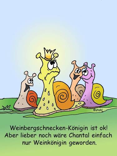 Cartoon: Schneckenkönigin (medium) by wista tagged schnecke,schnecken,königin,könig,weinberg,weinbergschnecke,wein,weinkönigin,rebe,reben,rebensaft,traube,trauben,rhein,mosel,aar,rheinwein,miss,misswahlen,reblaus