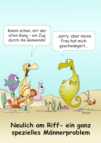 Cartoon: schwangeres Seepferdchen (medium) by wista tagged seepferd,seepferdchen,schwanger,schwangerschaft,nachwuchs,brutpflege,männchen,weibchen,fisch,fische,meer,ozean,fortpflanzung,riff,reproduktion,biologie,wissenschaft,kind,kinder,kneipe,trinken,bier,wein,alkohol,verbot,verboten,ungesund,gesund,medizin