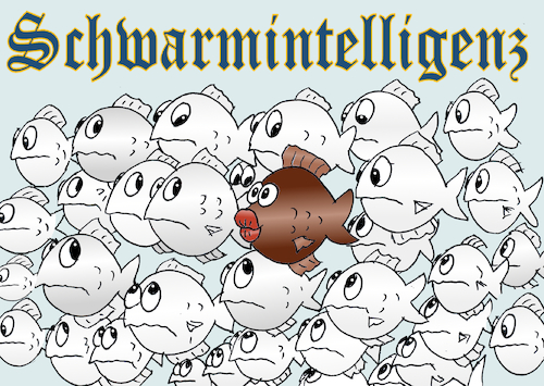 Cartoon: Schwarmintelligenz (medium) by wista tagged schwarmintelligenz,schwarm,fisch,fischschwarm,ausländer,weisse,farbige,rassen,diskriminierung,nazis,hass,ausländerhass,deutsche,national,afd,vorurteile,vorurteil,immigration,einwanderung,pegida,politik