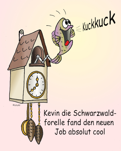 Cartoon: Schwarzwaldforelle (medium) by wista tagged schwarzwald,forelle,fisch,uhr,kuckuck,kuckucksuhr,schwarzwalduhr,essen,trinken,urlaub,berge,mittelgebeirge,souvenier,souveniers,mitbringsel,typisch,ferien,freizeit