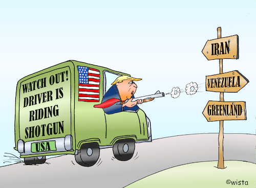 Cartoon: Shooting (medium) by wista tagged usa,trump,päsident,iran,venezuela,krieg,grönland,greenland,driver,riding,shotgun,beifahrer,fahrzeugführer,führer,führerlos,führungslos,erratisch,usa,trump,päsident,iran,venezuela,krieg,grönland,greenland,driver,riding,shotgun,beifahrer,fahrzeugführer,führer,führerlos,führungslos,erratisch