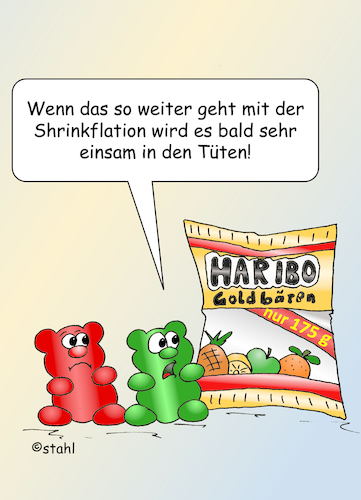 Cartoon: Shrinkflation bei Haribo (medium) by wista tagged shrinkflation,inflation,haribo,preis,verpackung,mogelpackung,preiserhöhung,füllmenge,lebensmittel,lebensmittelindustrie,verbraucher,verbraucherschutz,goldbären,gummibärchen,shrinkflation,inflation,haribo,preis,verpackung,mogelpackung,preiserhöhung,füllmenge,lebensmittel,lebensmittelindustrie,verbraucher,verbraucherschutz,goldbären,gummibärchen