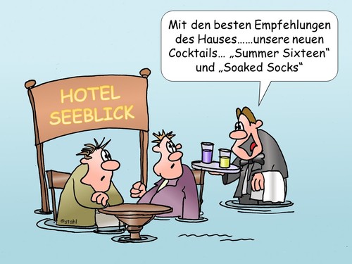 Cartoon: Sommer 2016 (medium) by wista tagged sommer,wetter,2016,regen,sturm,hagel,urlaub,sonne,meer,berge,überschwemmung,wasser,hotel,see,restaurant,gast,gäste,gasthaus,wettervorhersage,nass,kalt,warm,heiss,unwetter,unwetterwarnung,bar,hotelbar,cocktail,getränke,bier,wein