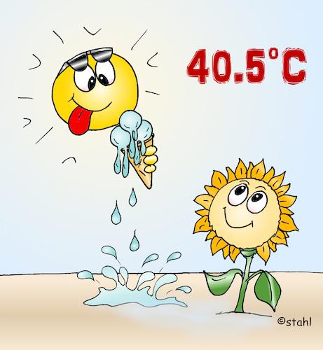 Cartoon: Sommerhitze (medium) by wista tagged sommer,hitze,sonne,temperatur,rekord,temperaturrekord,grad,celsius,blumen,pflanzen,bäume,natur,trocken,eis,essen,boden,acker,garten,schlauch,wasser,wässeren,gießen