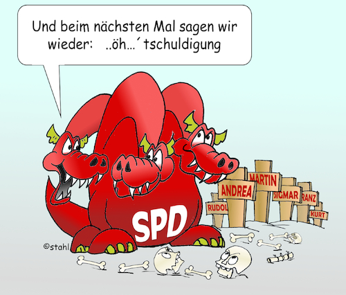 Cartoon: SPD-Parteivorsitz (medium) by wista tagged politik,spd,partei,vorsitzender,vorsitz,parteivorsitzender,parteivorsitzende,mobbing,aufgabe,abdanken,rot,links,linke,nahles,andrea,gabriel,sigmar,müntefering,franz,kurt,beck,scharping,rudolf,schröder,lafontaine,brandt,willy,aufgeben,verzciht,wahl,abwahl,scholtz,olaf,politiker,umgang,umgangsform