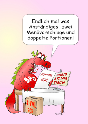 Cartoon: SPD Wahlparteitag (medium) by wista tagged spd,partei,parteitag,vorsitz,parteivorsitz,spitze,parteispitze,doppelspitze,wahl,urwahl,wahlparteitag,mitglieder,mitgliederentscheid,bundesparteitag,führung,führungsspitze,olaf,scholz,saskia,esken,klara,geywitz,norbert,walter,borjans,berlin,groko,sozialdemokraten,sozis