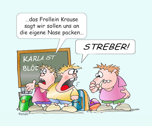 Cartoon: Streber (medium) by wista tagged streber,schule,schüler,schülerin,mobbing,besserwisser,nerd,gymnasium,lehrer,lehrerin,lernen,buch,frollein,penne,klasse,klassenzimmer,grundschule,tafel,schreiben,rechnen,lesen