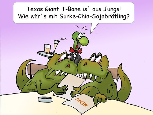 Cartoon: T-Bone Steak (medium) by wista tagged steakhaus,lokal,kneipe,speisekarte,menu,vegetarier,veganer,vegan,früchte,obst,gemüse,fleisch,saurier,brätling,soja,vegetarisch,veggi,steak,bone,speisen,essen,restaurant,steakhouse,big,giant,riesig,texas,allesfresser,fleischfresser