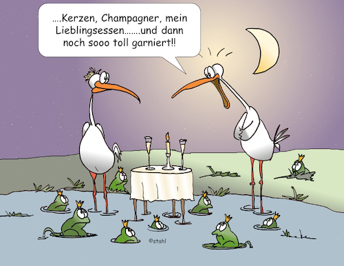 Cartoon: Überraschungsessen (medium) by wista tagged überraschung,essen,dinner,kerzen,kerzenlicht,candle,light,redtaurant,fest,jubuläum,hochzeit,hochzeitstag,liebe,freunde,freundschaft,kulinarisch,tisch,wein,sekt,champagner,vorspeise,nachspeise,menu,gänge,hotel,gasthaus,sterne,kellner,ober,cuisine,gourmet,feinschmecker,gast,frosch,storch,frösche,störche,futter