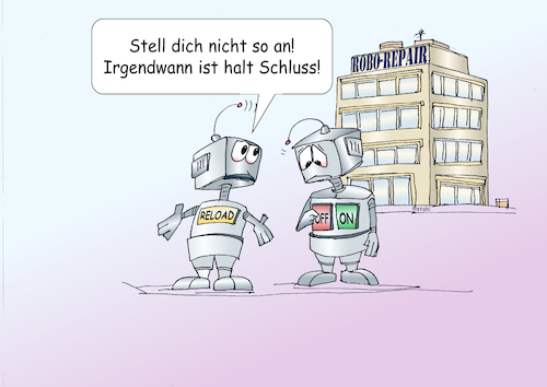 Cartoon: update (medium) by wista tagged computer,roboter,update,updaten,hochfahren,herunterfahren,reparatur,reparieren,defekt,austauschen,kaput,rechner,version,endversion,sterben,verschrotten,entsorgen,final,fehler,fehlersuche,haushaltsroboter,hilfe,starthilfe,ausschalten,einschalten,manual