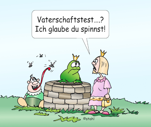 Cartoon: Vaterschaftstest (medium) by wista tagged vater,mutter,vaterschaft,test,vaterschaftstest,genanalyse,gentest,dna,verwandtschaft,kind,baby,nachkommen,könig,froschkönig,märchen,brunnen,krone,ball,gold,frosch,prinzessin,prinz,prinzen,liebe,geld,fliege,fliegen,zunge,wasser,grimm,gebrüder,kinder,enkel