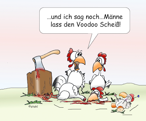 Cartoon: Voodoo Hühner (medium) by wista tagged voodoo,religion,zauber,zauberer,huhn,hühner,blut,hühnerblut,federn,knochen,gott,afrika,puppe,voodoopuppe,nadel,nadeln,stechen,loa,opfer,fest,zombie,zompies,schwarze,magie,schaden,schadenszauber,axt,beil,schlachten,schlachter,metzger