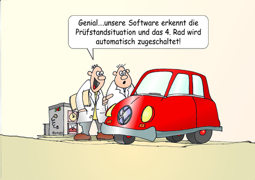 Cartoon: VW Software (medium) by wista tagged vw,volkswagen,auto,automobil,skandal,software,diesel,abgase,abgasnorm,prüfstand,prüfung,betrug,entwicklung,computer,bordcomputer,einstellungen,katalysator,no,stickoxide,kohlenmonoxid,kohlendioxid,woflsburg,programm,programmieren,betrieb,rad,räder,konzern