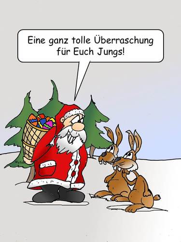 Cartoon: Weihnachten (medium) by wista tagged weihnachten,weihnachtsmann,christkind,geschenke,hase,hasen,osterhase,überraschung,eier,ostereier,tannenbaum,christbaum,geschenkkorb